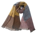 Gros plan d'une écharpe à carreaux multicolores avec tissage sergé et longs franges - Brun Jaune Bleu Violet