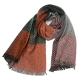 Détail de la texture d'une écharpe en maille à carreaux multicolores avec franges - Orange Vert Gris Rose