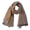 Detailed close-up of patchwork tweed scarf featuring brown tones and soft fringe edges - Beige Khaki Brown Yellow