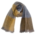Detail of multi-color plaid scarf with mustard yellow, blue, and brown tassels - Green Blue Beige Yellow
