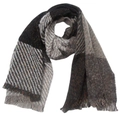 Detail of plaid scarf featuring dark grey and beige herringbone weave with soft tassels - Black White Grey Beige