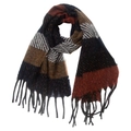 Detailed view of striped plaid scarf with fringe tassels in burgundy and navy colors - Yellow White Navy Black Red