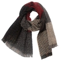 Gros plan détaillé d'une écharpe à carreaux multicolore avec maille douce et franges - Noir Rouge Gris Beige