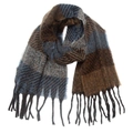 Detailed view of winter striped scarf showing tweed texture and fringe tassels - White Blue Khaki Brown