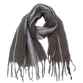 Detailed close-up of knitted scarf with geometric stripes and decorative fringe tassels - 185x65+10cm / 04# Grey