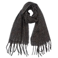 Close-up of woven fringe detail on dark multicolored knit scarf with tweed texture - Black