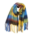 Detail of soft multi-color plaid scarf with fringes in yellow, blue, and burgundy - Yellow