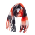 Detailed view of orange and black plaid boucle scarf with thick wool fringe accents - Orange Black