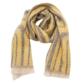 Détail d'une écharpe en fil bouclé jaune et gris avec motif géométrique et franges - 02# Jaune