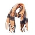 Detail of soft peach and black plaid scarf featuring warm bouclé yarn and fringe trim - Yellow Black