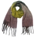 Detail of winter scarf showing purple and yellow gradient knit with tassels - Yellow Green Coffee