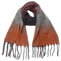 Detail of herringbone and striped knit scarf with wine red fringe and metallic shimmer - Blue Orange Red