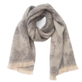 Detail of grey floral jacquard scarf with soft fringe trim and abstract ink pattern - Gray