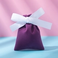 Elegant purple velvet jewelry pouch with white satin ribbon bow on color-block background - Purple And White Ribbon; 10*12