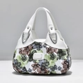 Chic floral shoulder bag in white with green and brown flower prints and silver hardware - White Dreamy Green Flower