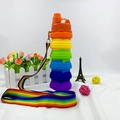 Collapsible rainbow silicone sports water bottle with matching lanyard for travel and gym - 500ml / Rainbow (Pointed Mouth + Strap)