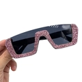 Y2K style oversized sunglasses with wavy pink rhinestone frames and dark lenses - Grey Lens Light Purple Rhinestone