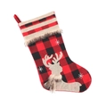 Red and black plaid Christmas stocking with reindeer and snowflake burlap embroidery - Elk Style