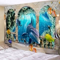 Tapisserie dauphin océan avec récif corallien et poissons tropicaux via fenêtre - À travers l'arche