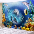 Tenture murale 3D océan avec dauphins et récifs coralliens pour la chambre - Poissons jouant dans l'eau
