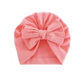 Pink cotton knitted baby turban hat with a large decorative bow and pleated design - Shrimp Pink
