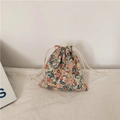Floral corduroy drawstring cosmetic bag with rustic pattern and woven rope closure - 14cm*16cm / Floral 4