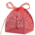Laser-cut red wedding favor box with intricate rose patterns and a satin ribbon bow - Pearlescent Red
