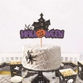 Topper per torta Halloween con casa stregata nera e scritte viola glitterate - Viola Halloween/Casa Stregata Nera