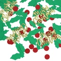Confettis de Noël avec feuilles de houx vertes, baies rouges et Merry Christmas doré brillant - Feuilles Baies Rouges + Paillettes Joyeux Noël Confettis