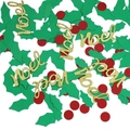 Confettis de Noël avec feuilles vertes, points rouges et lettres Noel dorées pailletées - Feuilles Baies Rouges + Paillettes Noel Confettis