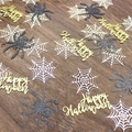 Halloween party confetti with glitter spiders, spider webs and Happy Halloween signs - Gold Happy Halloween + Black Glitter Spider + White Spider Web