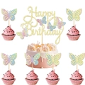 Glitzerndes Happy Birthday Kuchendeko-Set in Pink und Gold mit 3D Schmetterling-Aufsätzen - Gold - Goldglitzer und Blauer Schmetterling