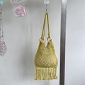 Bohemian mustard yellow woven tote bag with fringe detail and wooden ring handles - Yellow (with inner bag)