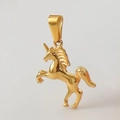 Detailed view of a golden unicorn animal pendant in polished 18k gold plated stainless steel - D03-Horse-Gold