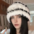 Winter plush faux fur bucket hat with black and white stripes for women warmth - White Slouchy Beanie