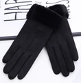 Detail view of black winter gloves with soft plush cuffs and faux suede thermal texture - One Size / Black (Center Line)