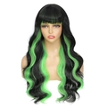 Detail of long wavy black wig with green highlights and flat bangs on a mannequin - Black with Green Highlights