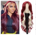 Detail of long wavy burgundy lace wig with gold highlights on mannequin and model - Wine Red with Cream White Highlights