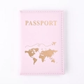 Pink PU leather passport holder with gold foil world map and airplane flight path design - Pink