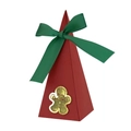 Rote dreieckige Weihnachtsdose mit grüner Samtschleife und goldenem Lebkuchenmann-Anhänger - Lebkuchenmann-Stil