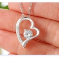 Handheld view of S925 sterling silver heart necklace with zircon inlay in silver finish - White Zirconia (Small Size/With 40+5cm O-Chain)