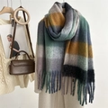 Plaid mohair scarf with colorful pastel checks and long tassels for a warm winter look - 38*250cm / Yellow Green Plaid