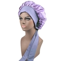 Detail view of purple satin sleep bonnet with long adjustable ties on mannequin - One Size / Light Purple