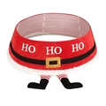 Red Santa Claus Christmas tree skirt with HO HO HO text and legs on white background - Santa Legs Style