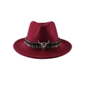Detail of burgundy fedora hat featuring ethnic woven band and metal bull head accessory - M (56-58cm) / Burgundy