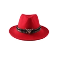 Red wool fedora hat with ethnic band and metal bull head buckle on white background - M (56-58cm) / Red
