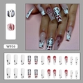 Halloween long ballet press-on nails with black clown patterns and red blood drip design - W956 Halloween Clown