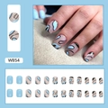 Unghie finte corte blu e beige con linee astratte nere e glitter dorati fini - W854 Curve a Ondulazione (Tipo Colla)