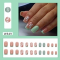 French floral press-on nails in mint green and nude pink with glitter, 24 piece set - W849 Fresh French Style (Glue Type)