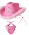 Cappello da cowboy rosa con tiara di strass, piume e bandana paisley per feste - Set 2 Pezzi Corona Piume Rosa